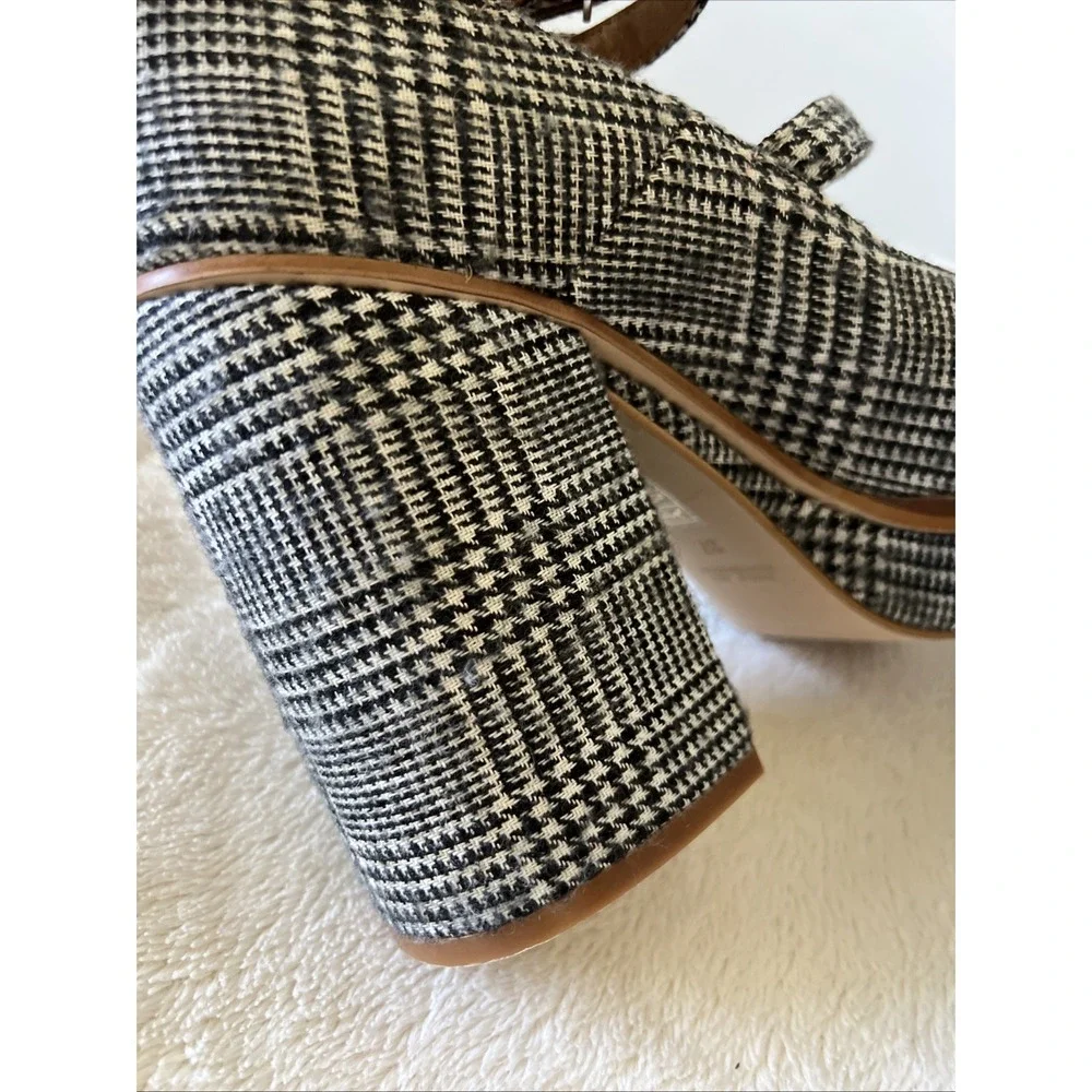 FREE PEOPLE Houndstooth Plaid Chunky Strappy Mary Jane Heels Shoes Size 37 Fall